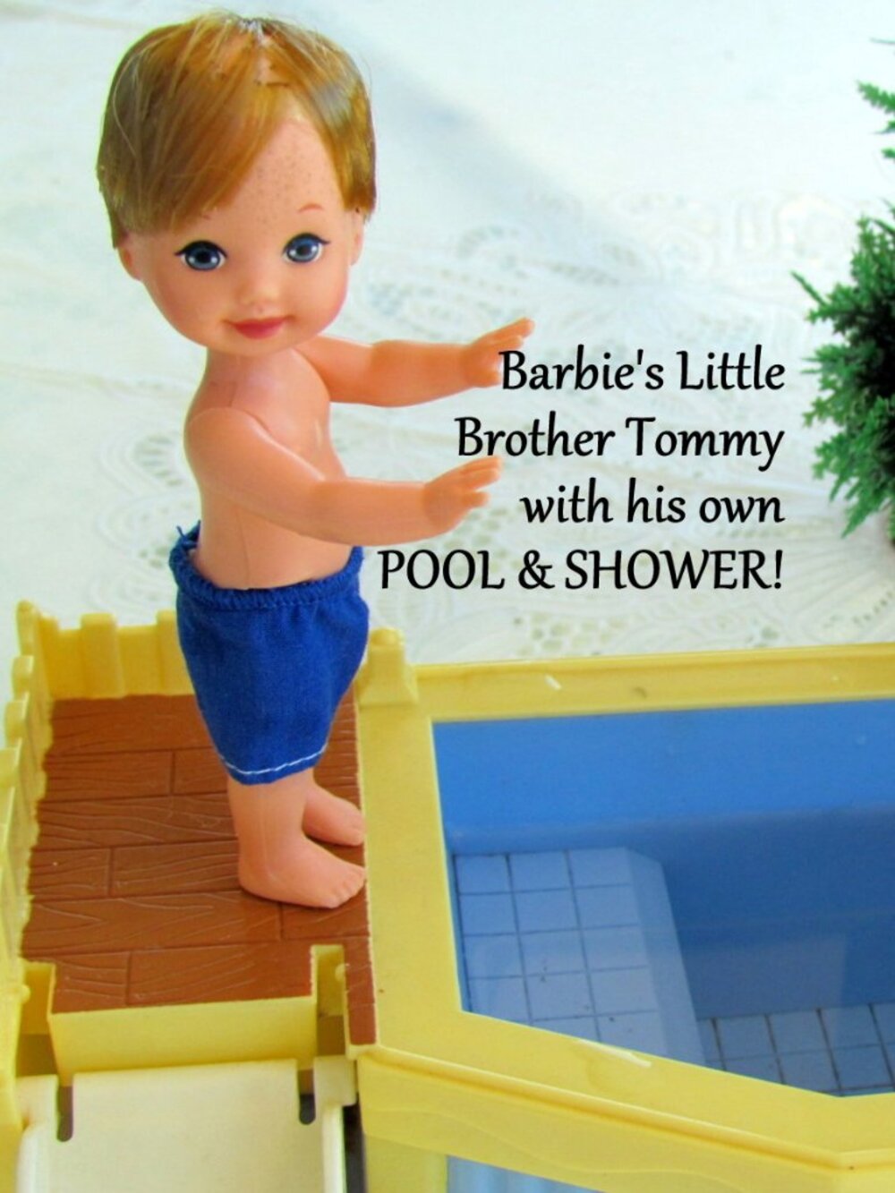 TOMMY POOL, SHOWER, CLOTHES, CHAIR, ONE-OF-A-KIND VINTAGE LOT; LIKE-NEW DOLL!